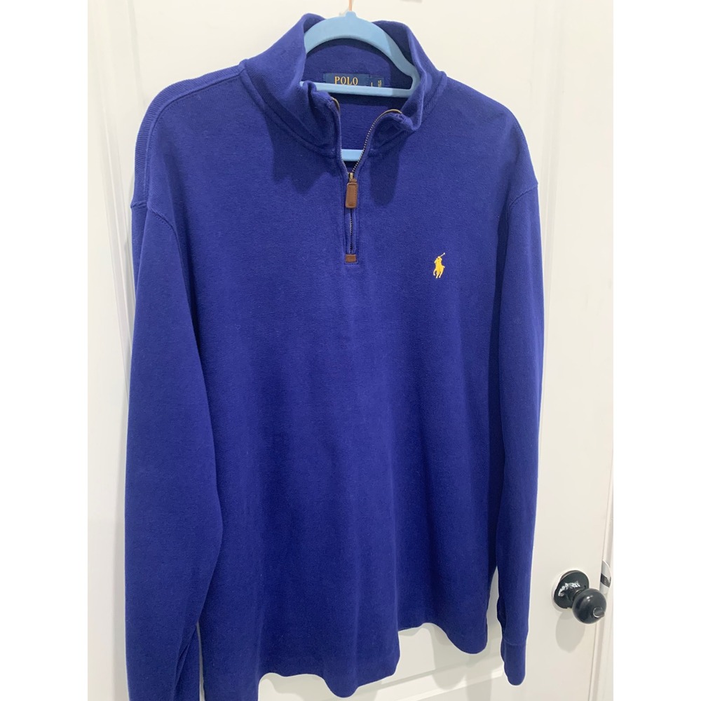 Polo Ralph Lauren Mens Royal Blue Quarter Zip Cotton Sweater Yellow Pony Logo L